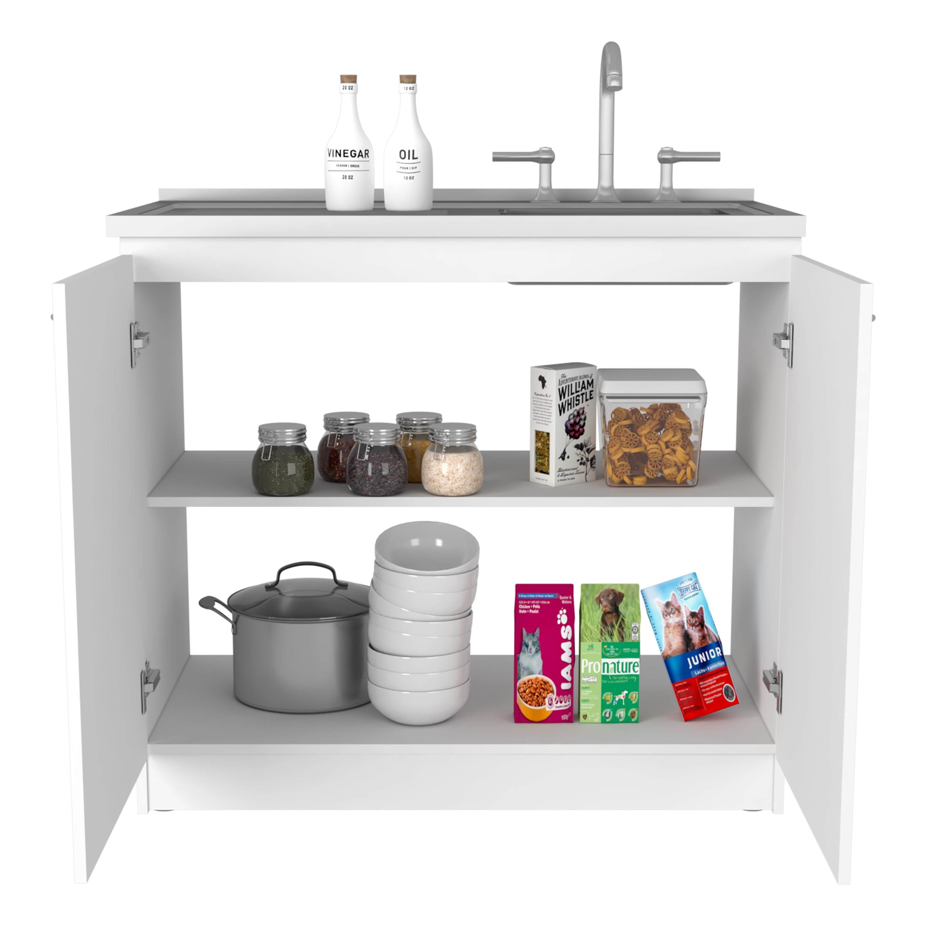 Rainlex Napoles 39" White Utility Sink Cabinet with Stainless Steel Basin, Double Doors & Shelf Storage – Freestanding Cabinet