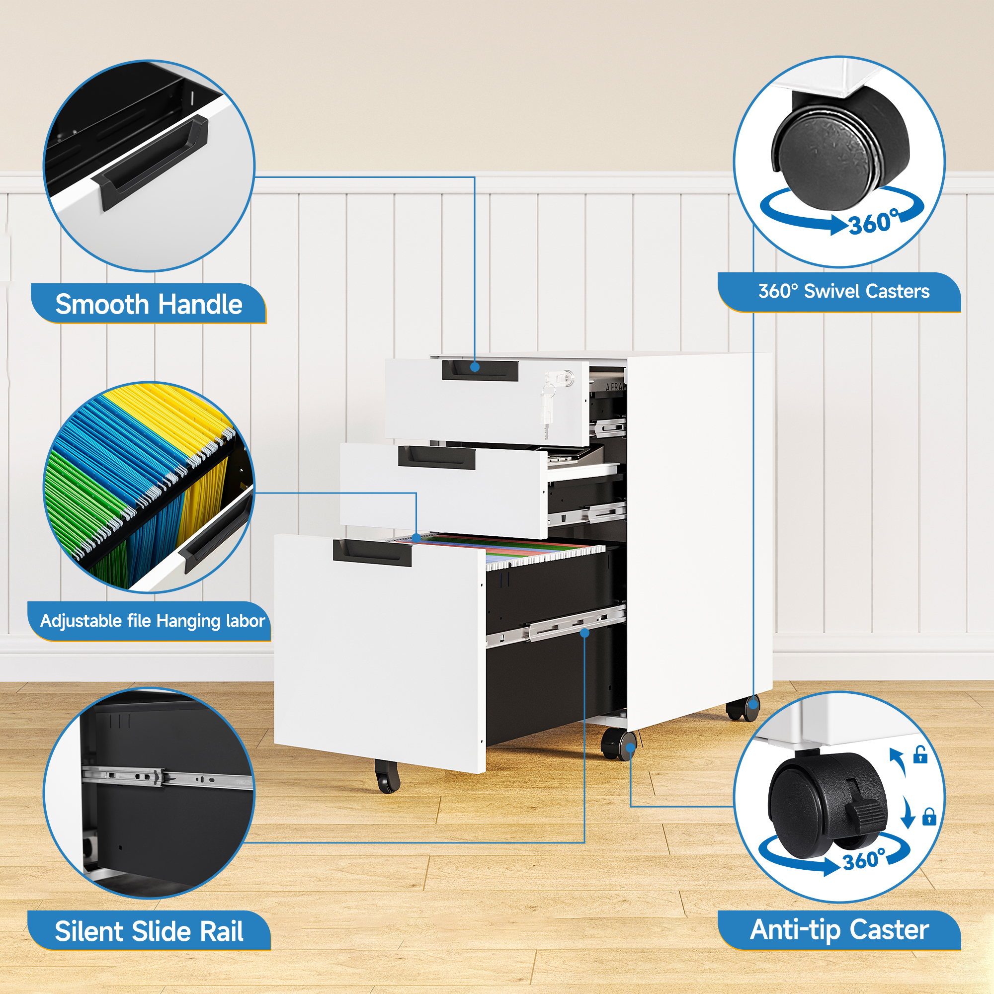 Fesbos Metal Mobile File Cabinet with Lock, 3 Drawer Rolling Filing Cabinets for Home Office, Fully Assembled, White, 23.6"H*17.32"D* 14.6"W, Fits Letter/Legal/A4 Size Files