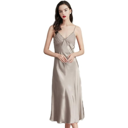 QIUYI Women Silk Satin Nightgown Long Sleepdress V Neck Nightgowns Chemise Lingerie for Ladies Sleepwear Negligee M-3XL