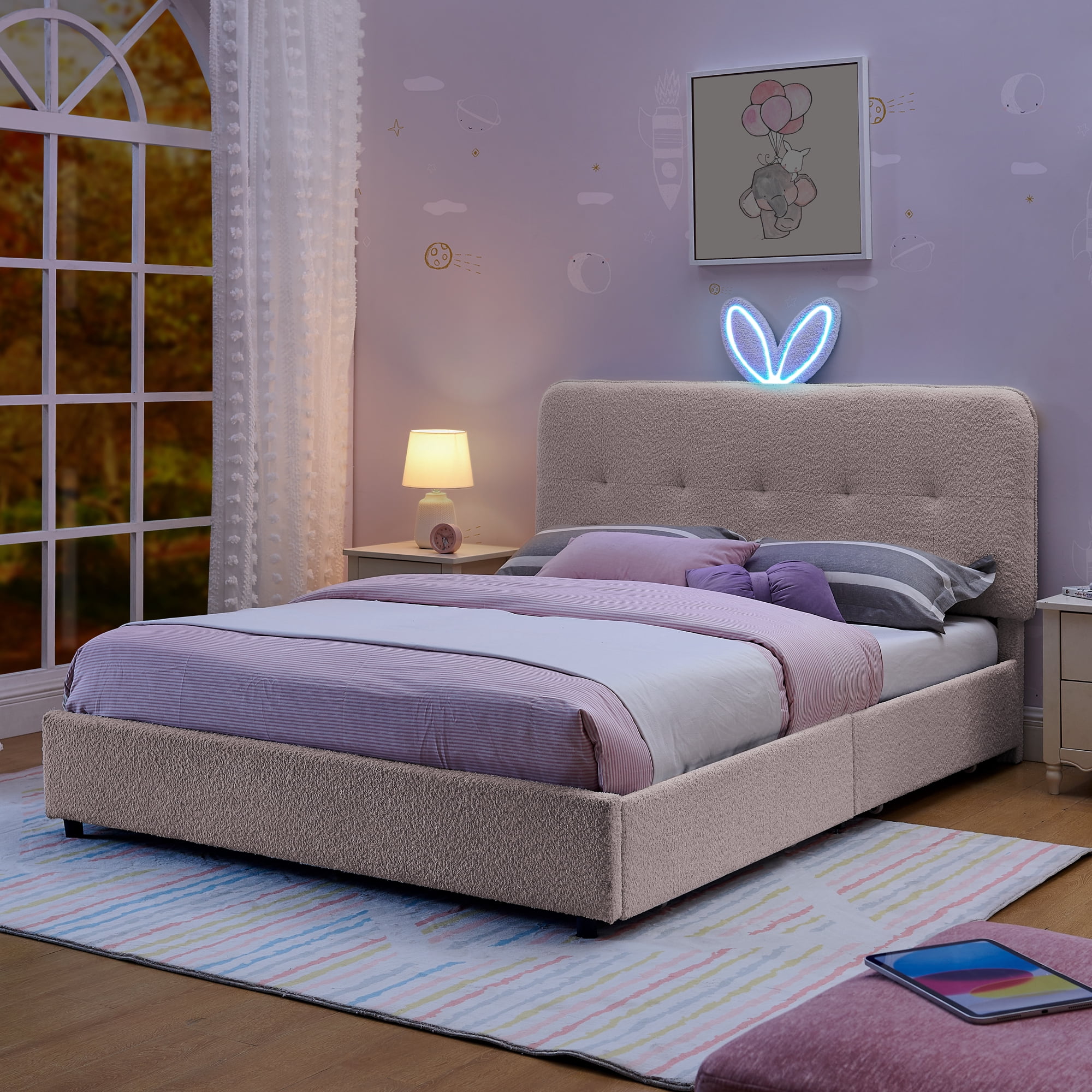 Full Size Kids Bed with LED Lights and 4 Storage Drawers, Upholstered Boucle Bed Frame with Oversized Rabbit Ear Headboard, Platform Bed for Kids Bedroom, Pink