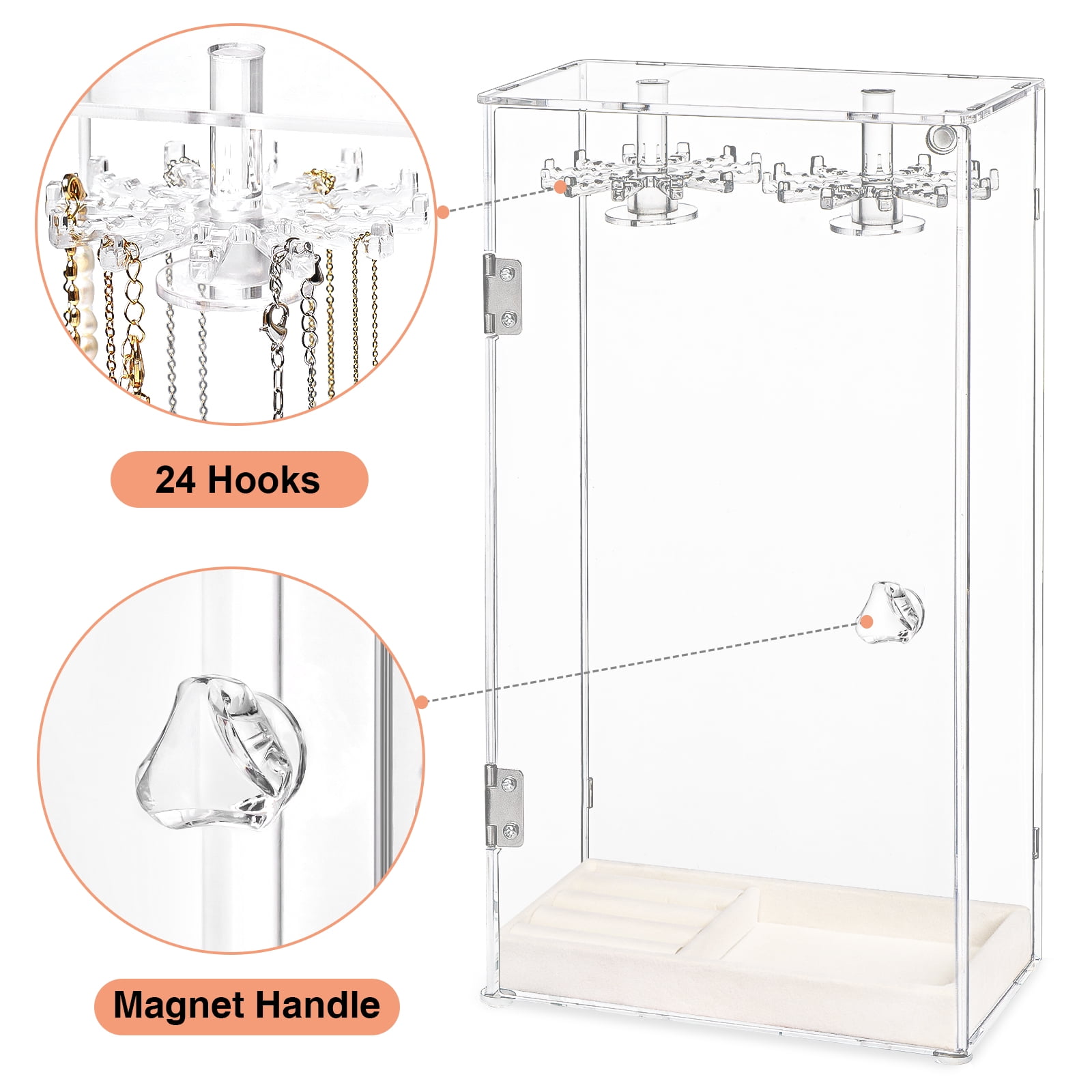 Haturi Necklace Holder, Acrylic Jewelry Organizer with 24 Hooks, Rotation Clear Necklaces Pendant Display Case Stand, Dust-proof Velvet Tray Hanging Rack Storage for Earrings Rings