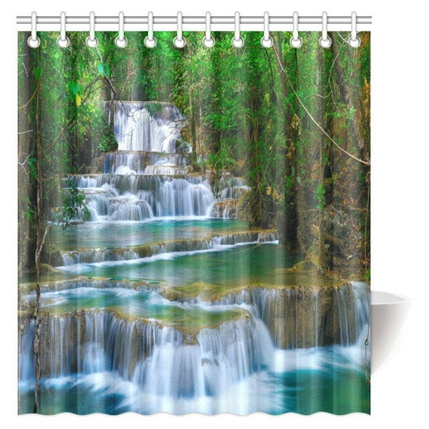 MYPOP Rainforest Decor Shower Curtain, Large Waterfall in a Forest of