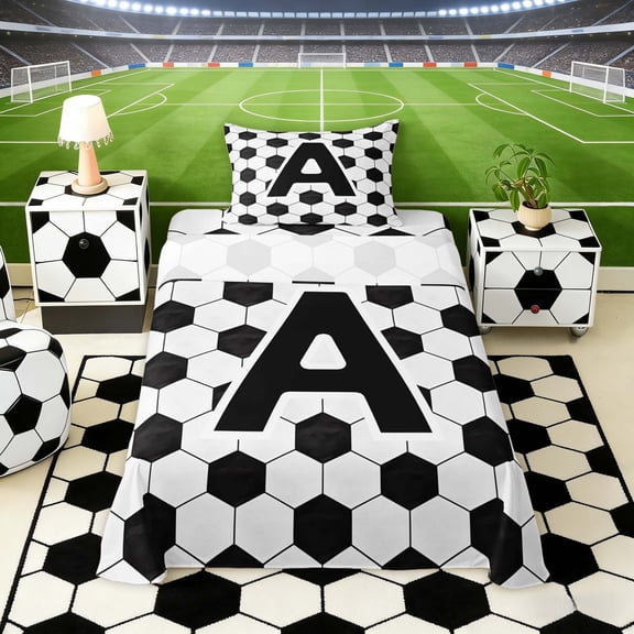 Erosebridal Letter A Soccer Ball Pattern Print Twin Sheet Sets, Sports Monogram Bedding for Kids Boys and Girls, 1 Flat Sheet, 1 Fitted Sheet and 1 Pillowcase