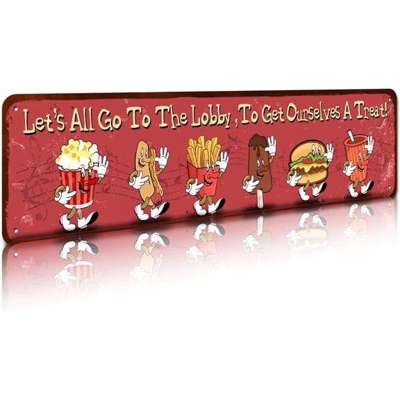Vintage Movie Theater Gaming Room Snacks Wall Sign, Let's All Go to the Lobby Decor, 4 x 16 Inch