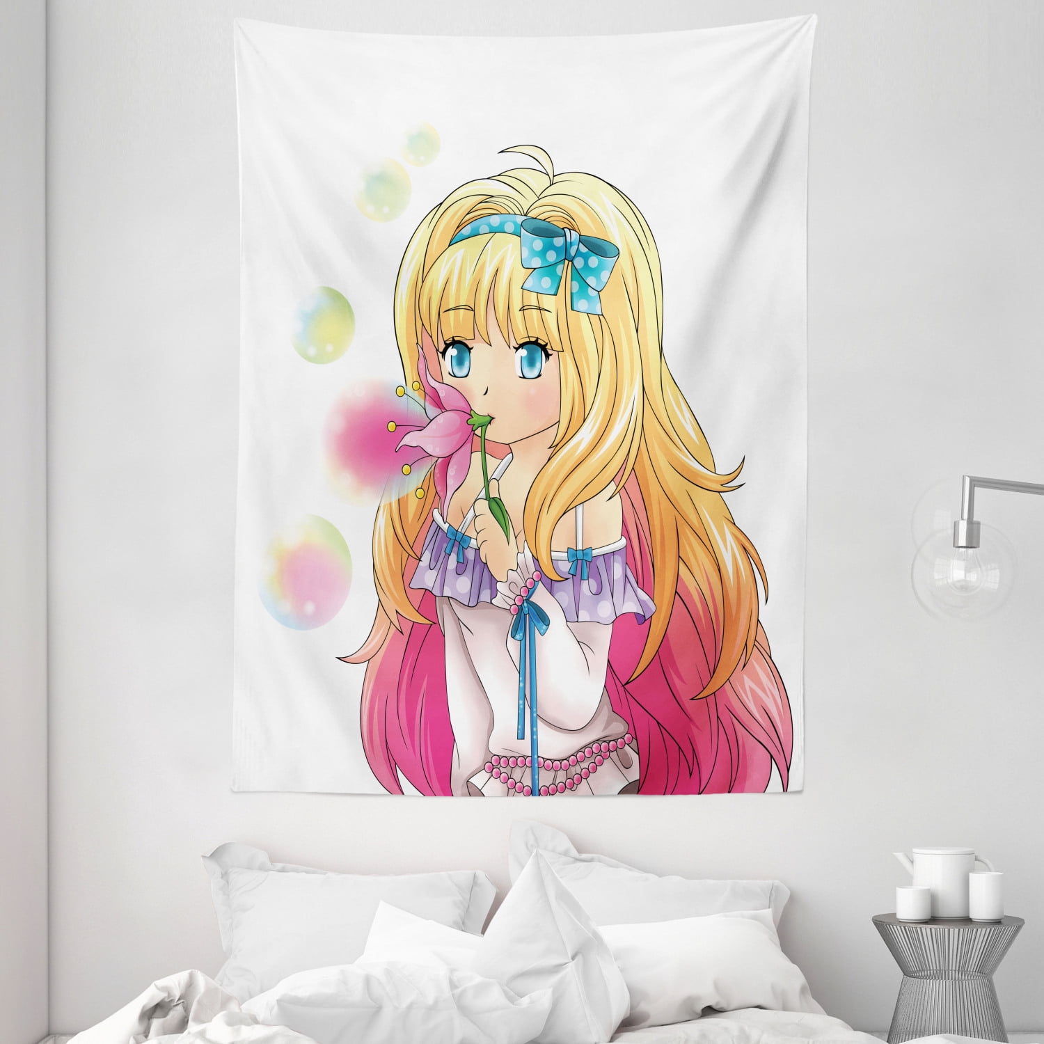 Anime Tapestry, Cute Manga Girl Blowing Bubbles from a Flower Japanese