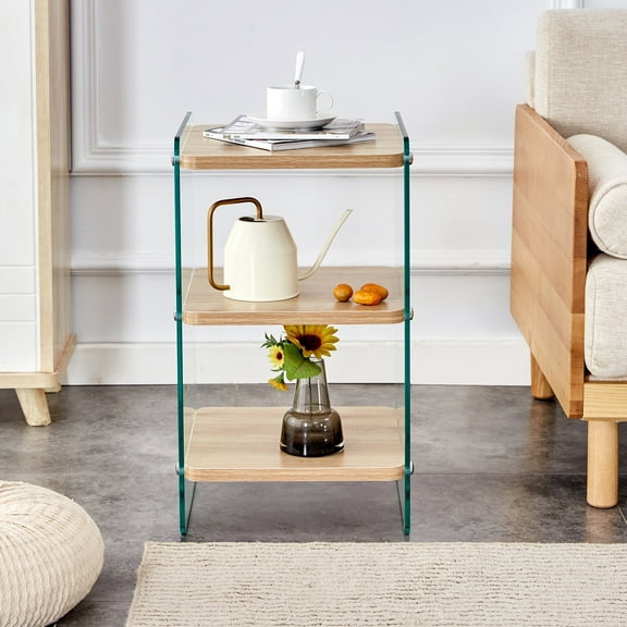 LUFTUT 3 Tier Side Table with Tempered Glass Legs, Small End Table with Storage Shelves, Modern Nightstand for Living Room Bedroom Office