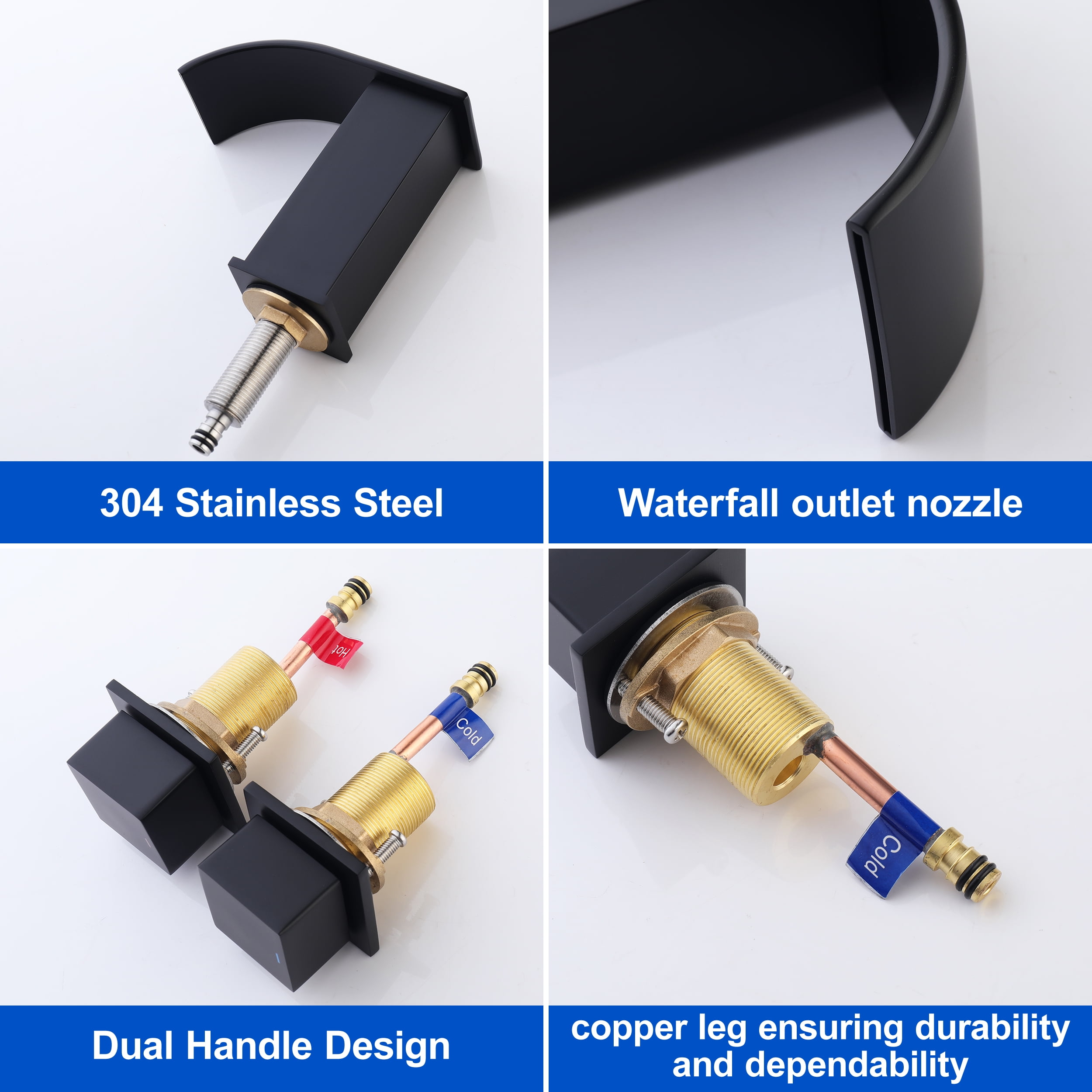 Waterfall Bathroom Sink Faucet Black - Widespread 2 Handle 8 Inch 3 Hole Bathroom Sink Faucet, Basin Faucet Mixer Taps with cUPC Faucet Supply Line Hoses for Bathroom Restroom Vanity Lavatory