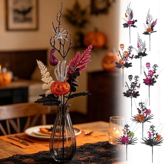 Hyknon Halloween Artificial Floral Pick Decor, Glitter Pumpkin Skull Spider Branch Stems Insert Ornament, Decor Ornaments for Vase Bar Table Centerpiece Fireplace Mantel Halloween Party Home Indoor F