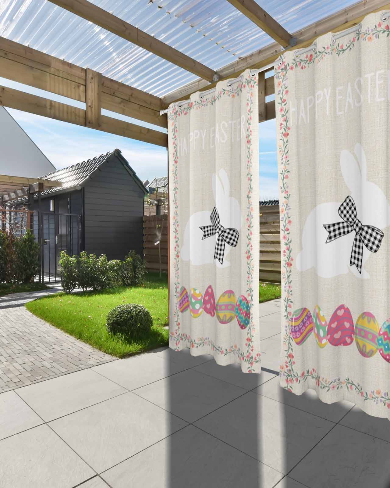 Happy Easter Outdoor Curtains for Patio, Bow Bunny Colorful Eggs Flowers Vines Privacy Drapes Grommet Waterproof Outside Curtains for Porch/Cabana/Balcony 54"x 108", 1 Panel