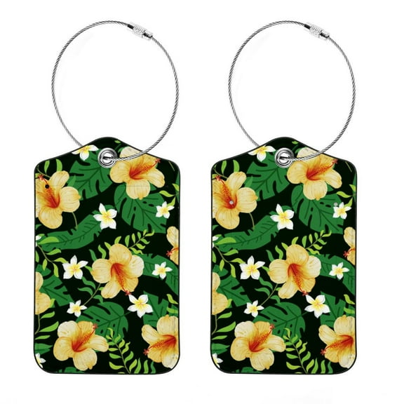 Luggage Tag, Travel Tags, Handbag Tag - Square PU Leather 2 Pack with Privacy Cover and Stainless Steel Ring - Suitable for Travel, Backpack, Handbag [Amazon Approved] Tropical Plants