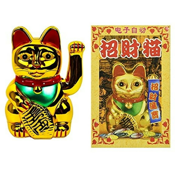 LARGE GOLD Feng Shui Lucky Cats Lucky Beckoning Waving Wealth Cat Maneki Neko 7 inch Tall