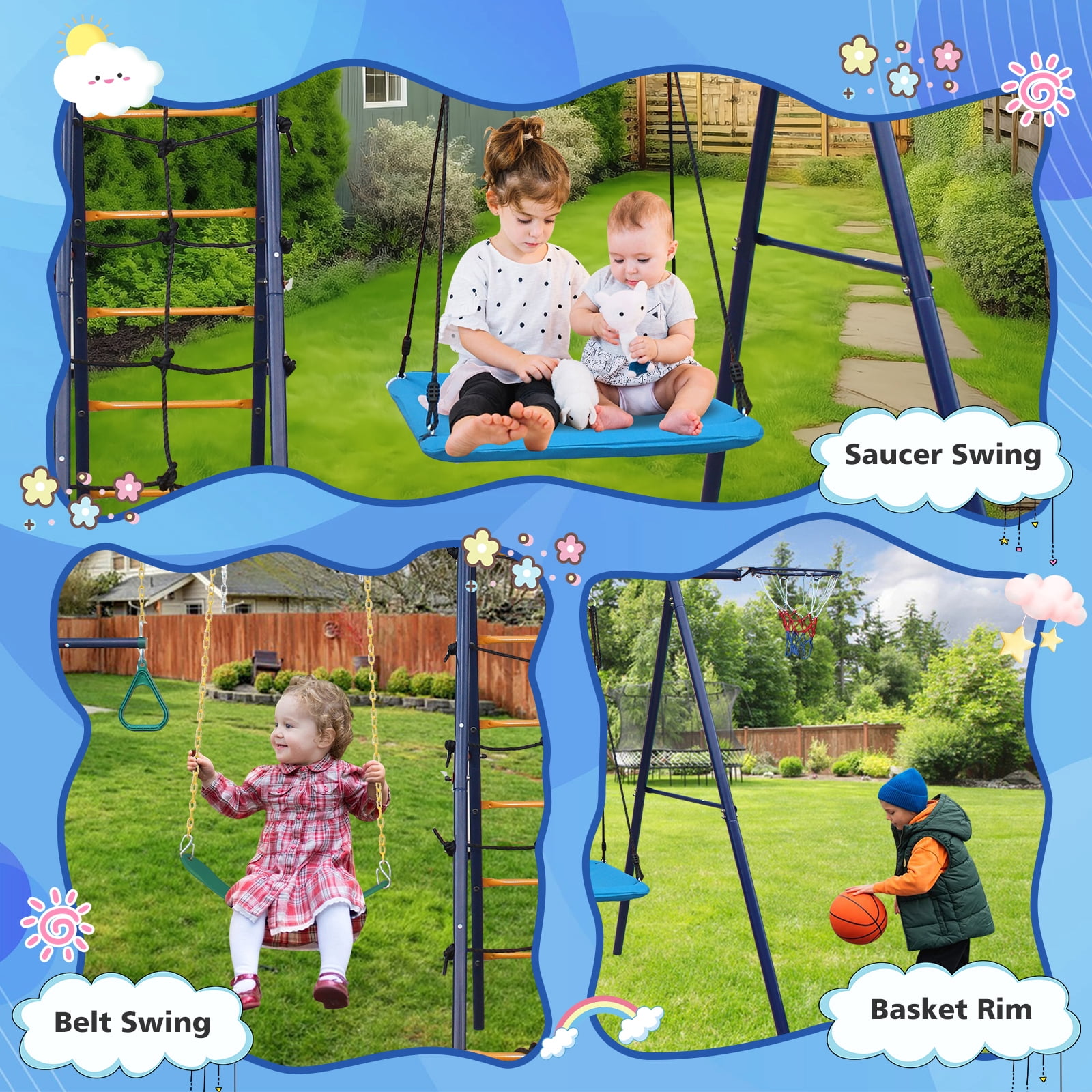 Hommoo 6 in 1 Swing Set With Climbing Ladder, Climbing Net, Trapeze bar, Hammock Swing, Belt Swing, Basketball hoop for Backyard, Multicolor