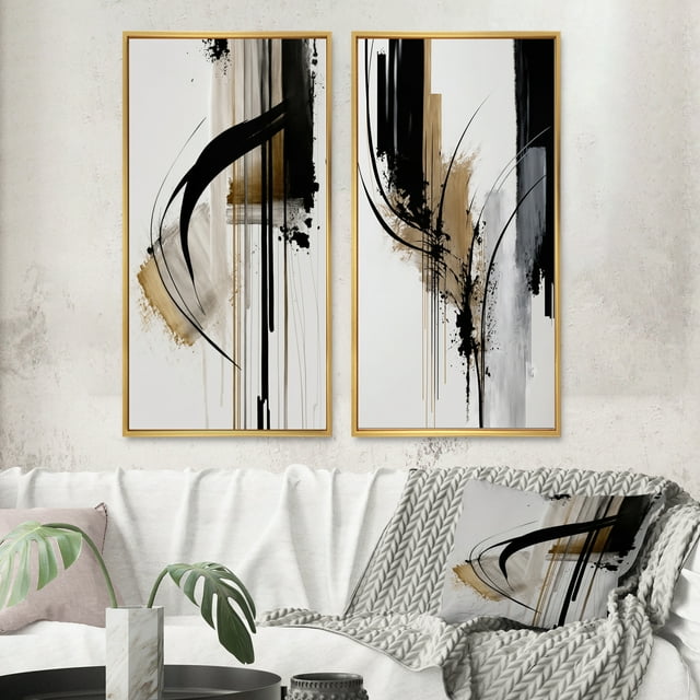Designart "Expression in Black, White, and Gold I" Abstract Framed Wall Art Set Of 2 - Black Geometric Frame Gallery Set For Office Decor
