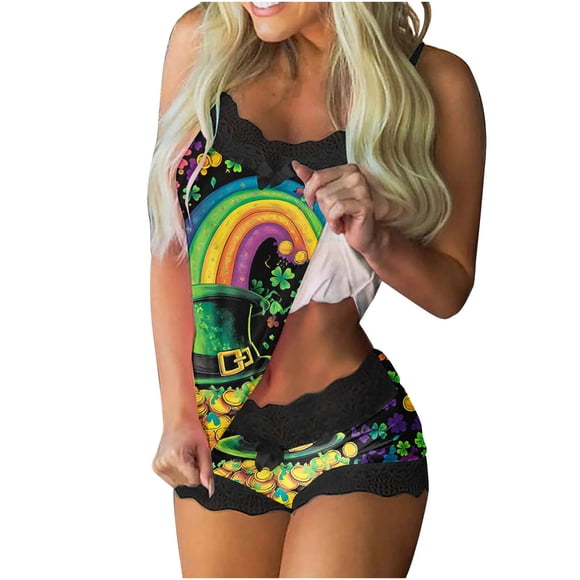 St. Patricks Day Pajamas for Women, Lace Sleepwear Set, Sleeveless Tank with Matching Shorts, Casual Lounge Outfits for Home Leisure, Comfy Two-Piece Spring Pajama Set