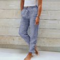 thumbnail image 2 of Women's Pants Fashion Casual Pants For Women Cotton Linen Striped Elastic Belt High Belt Pocket Trousers Side Buttons Cropped Casual, 2 of 4