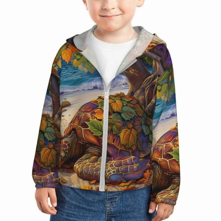 

Qekee Colorful Maple Leaf Beach Turtle Print UPF 50+ Kids Sun-Protective Hooded Long Sleeve Rash Guard for Fishing Water Beach Sports -4 Years