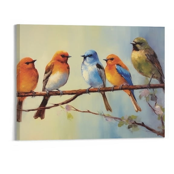 Creowell Abstract Birds Wall Art Singing Birds Oil Painting Canvas Print Artwork Chubby Birds Standing on Wire Picture for Home Living Room Kitchen Bedroom Wall Decor (20X16 Inches)