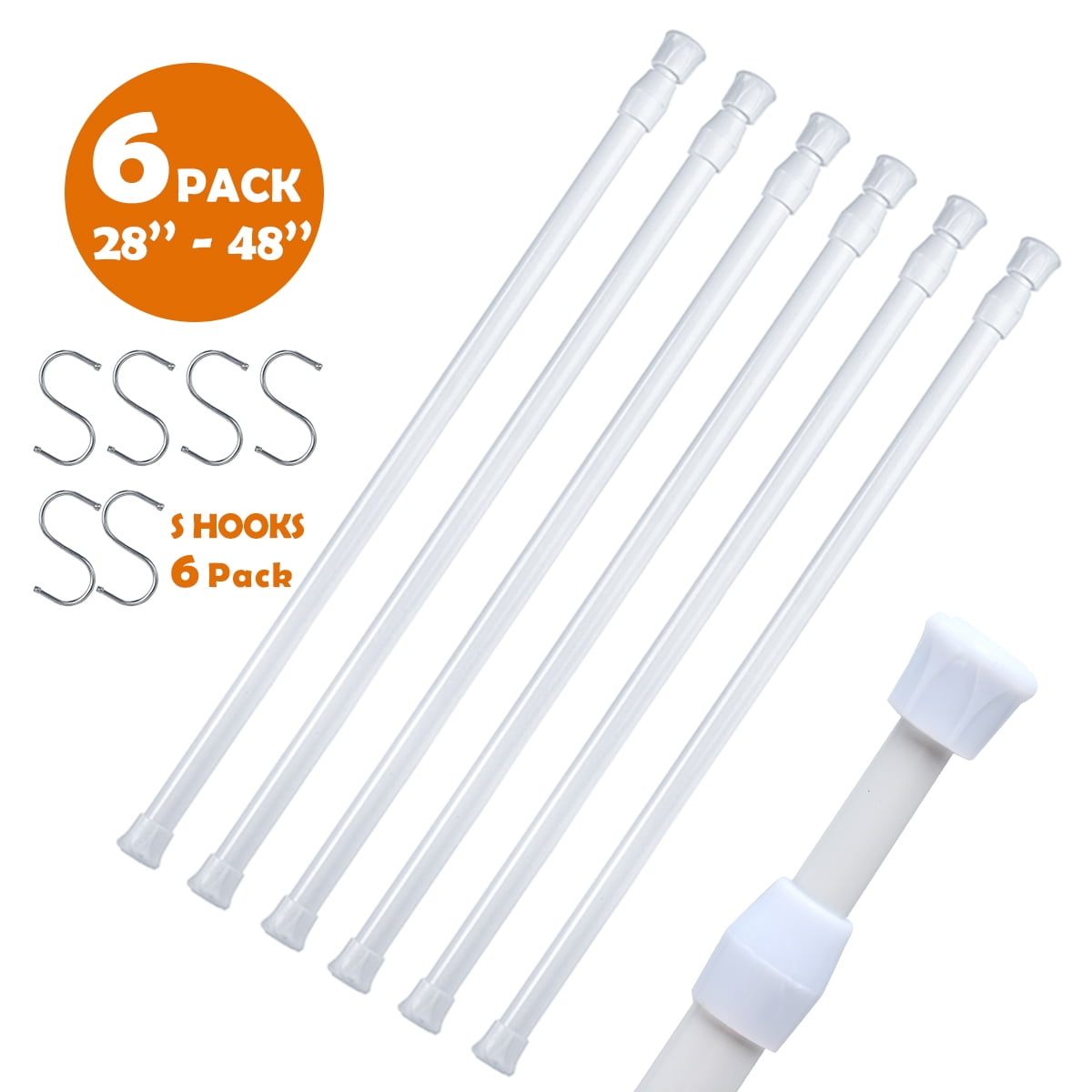 Black MinCHI257 Tension Rods 28 to 48 Inches 6 Pack，Tension Curtain Rod,Spring Curtain Rods Window Rods Kitchen Window Bathroom White Thin Tension Rod
