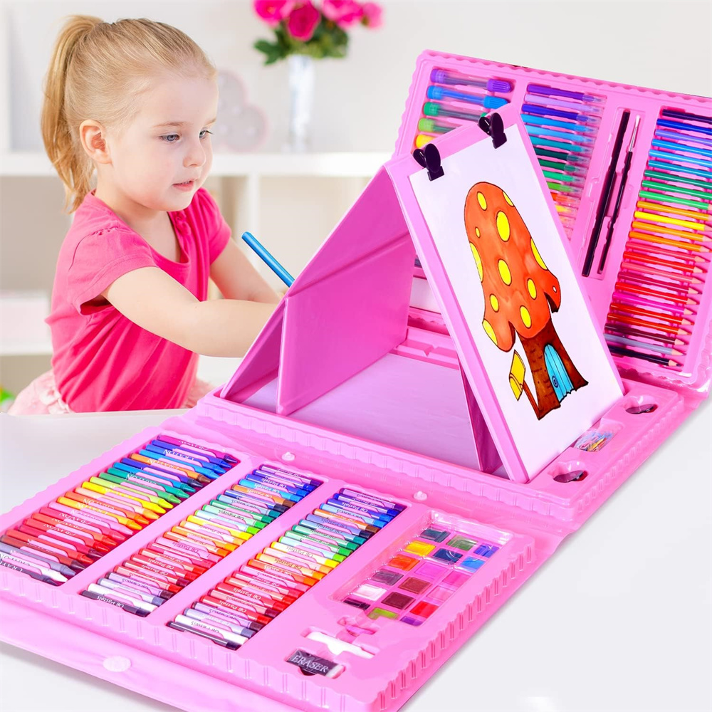 208Pcs Kids Art Set with Trifold Easel, Pastels, Crayons, Pencils, Pink ...