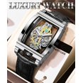 thumbnail image 4 of Men's Luxury Hollow Skeleton Watch Retro Gorgeous Gear Carving Design Rectangle Tonneau Large Dial Leather Belt & Stainless Steel Band Quartz Wristwatch Not Mechanical Watches, 4 of 7
