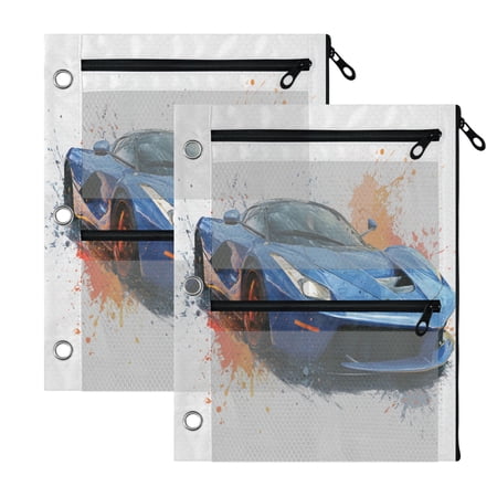 2 Pack 3-Ring Binder Pencil Pouch with Clear PVC Windows Blue Car Splash Art Large Capacity Stationery Bag for Classroom Office Supplies