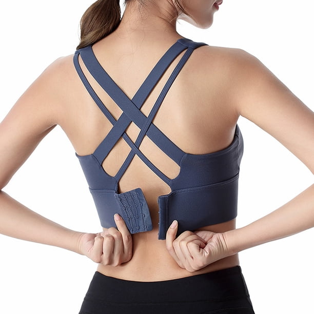 Ropa interior deportiva de alto impacto para mujer, ropa interior deportiva para correr con tiras cruzadas en la espalda, ropa interior con copas desmontables - Azul marino