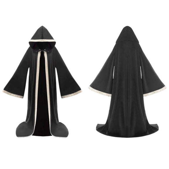 Iyufng Unisex Halloween Mage Hooded Suede Robe Full Length Trimmed Cloak Front Ribbon Tie Wizard Witch Cosplay Outfit for Carnival Halloween Party