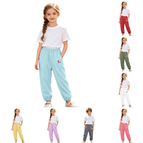 CUZIBR Girls Toddler Summer Pants Elastic Ankle Jogger Pants With Cute Patch Side Pockets Solid Color Loose Lightweight Outdoor Play Beach Trousers For Kids,Blue,3-4 Years