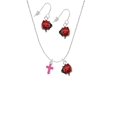 thumbnail image 2 of Delight Jewelry Silvertone Small Hot Pink Crystal Cross Red Lucky Ladybug Necklace and Dangle Earrings Set, 2 of 6