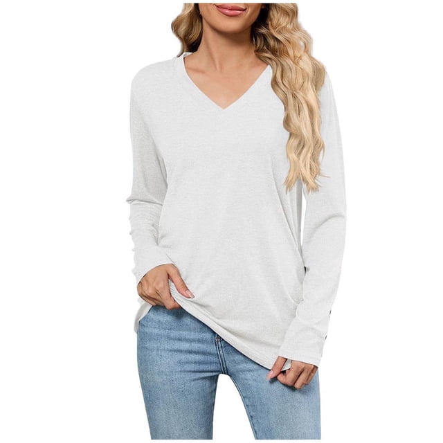 Tnhcen Women's Solid Color Stretchy Long Sleeve V-Neck Pullover - Soft Loose Fit Fall Fashion Basic Sweater (S-2XL) | Plus Size Friendly