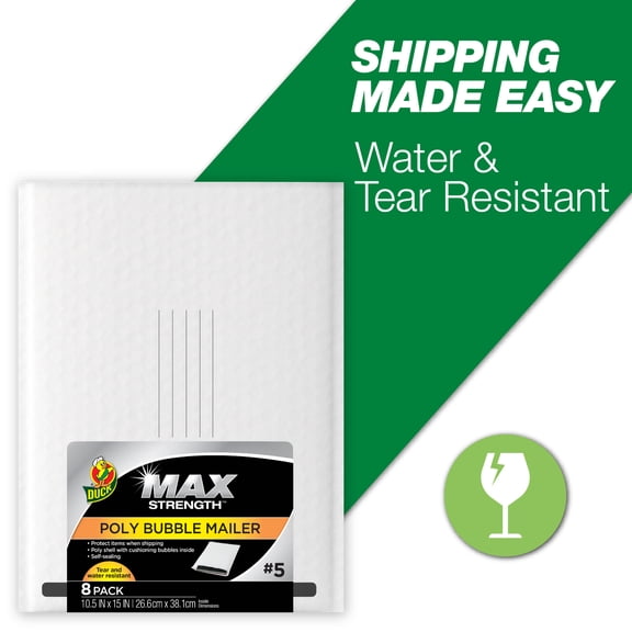 Duck Max Strength Self-Sealing Poly Bubble Mailer #5, 10.5" x 15", Solid White, 8 Pack