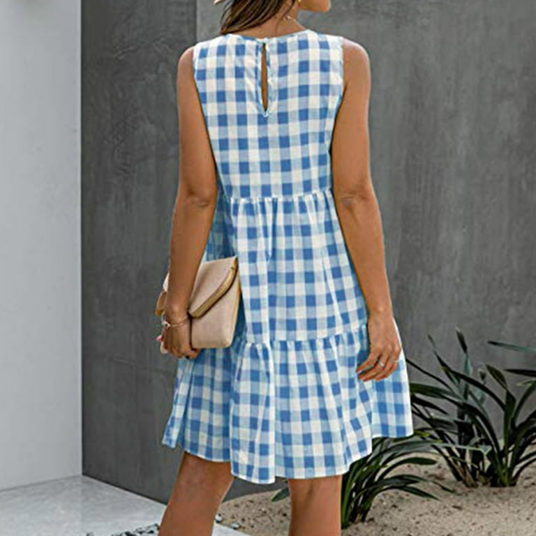 Lastesso Petite Women's Gingham Linen Dress, Boho Smocked