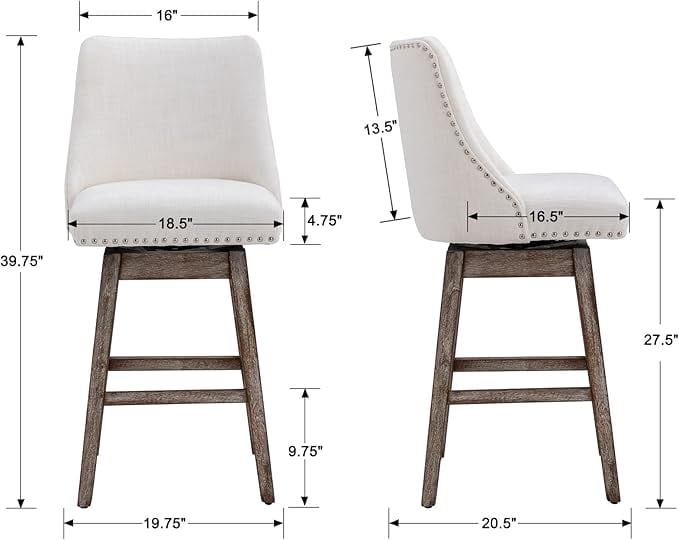 Guyou 27.5"Counter Height Bar Stools Set of 6, Nailhead Trim Linen Barstools with Back and Wood Legs, 360°Swivel Upholstered Stool Chairs for Kitchen Island Breakfast Bar Restaurant, Cream
