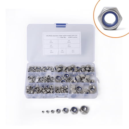 250-Piece Stainless Steel Lock Nut Assortment - M3 To M12 Nylon Insert Locknuts In Storage Box