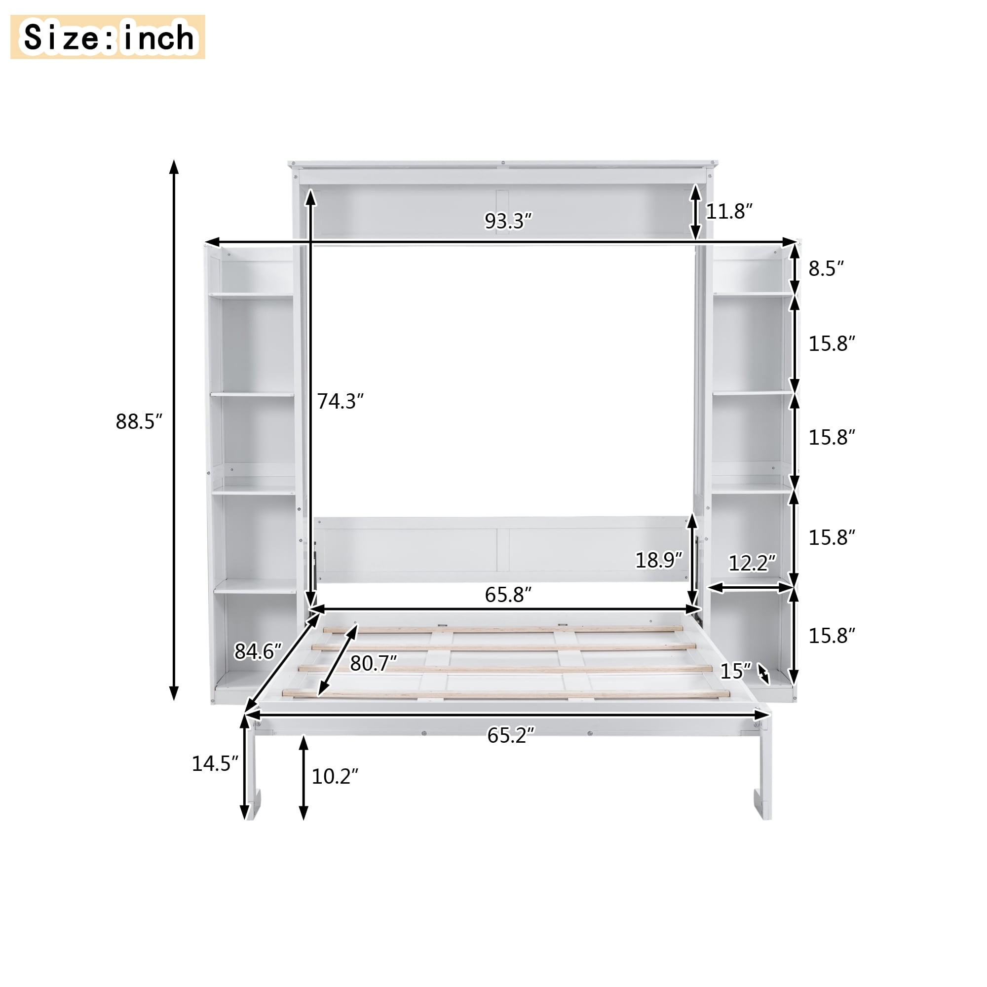 Noble House Queen Murphy Wall Bed with Shelves & LED Lights,White