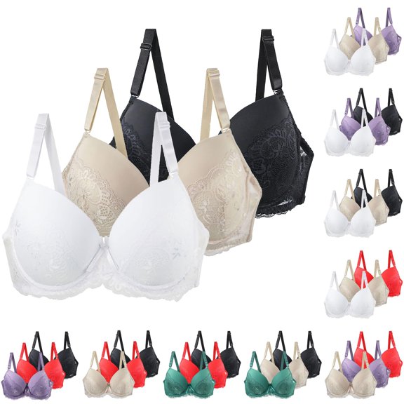 Gymayou 3 Pack Women Floral Lace Minimizer Bra Bundle Underwire Full Coverage Anti Sag Support Bra for Large Bust Gathered Shaping Beige 100B