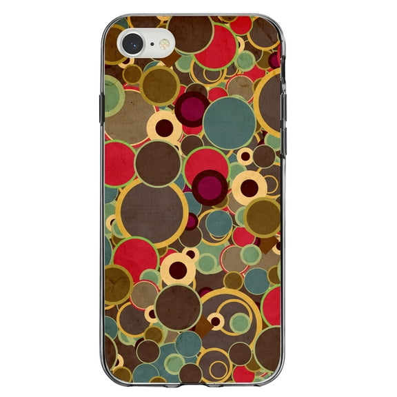 DistinctInk Clear Shockproof Hybrid Case for iPhone 7 8 SE (2020 Model) 4.7" Screen TPU Bumper Acrylic Back Tempered Glass Screen Protector - Brown Red Yellow Circles - Relive the 80's