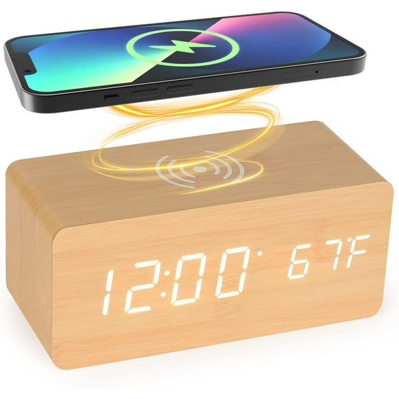 Wooden Alarm Clock with Qi Wireless Charging Pad Compatible with iPhone Samsung Wood LED Digital Clock Sound Control Function, Time Date, Temperature Display for Bedroom Office Home - Wood