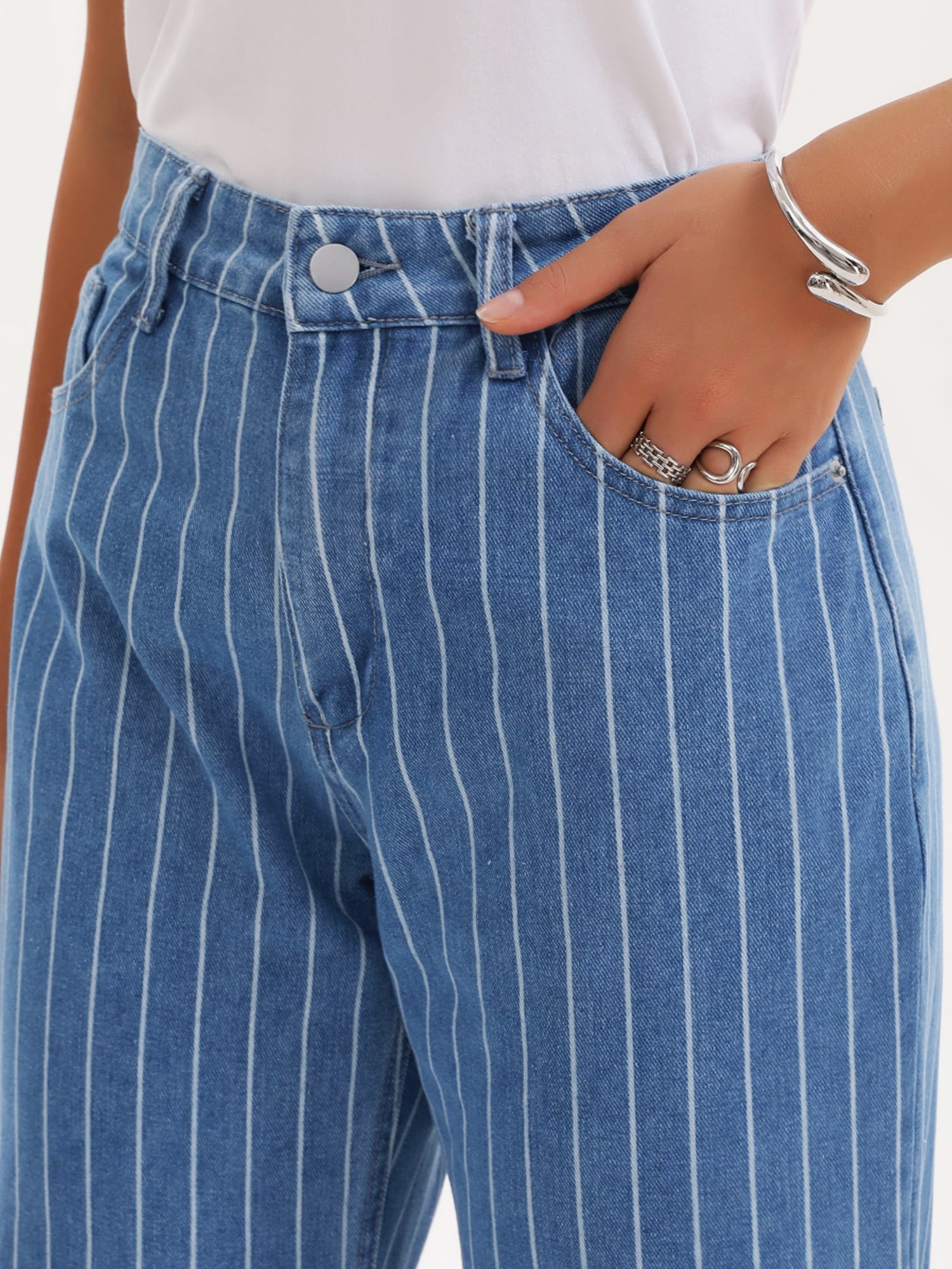 DARING DIVA Women's Striped High Rise Zipper Straight Leg Denim Pants S Blue