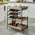 thumbnail image 4 of Danya B. Rustic Walnut Veneer and Metal Rolling Farmhouse Wine Bar Cart with Wine Bottle and Glass Rack, 4 of 20