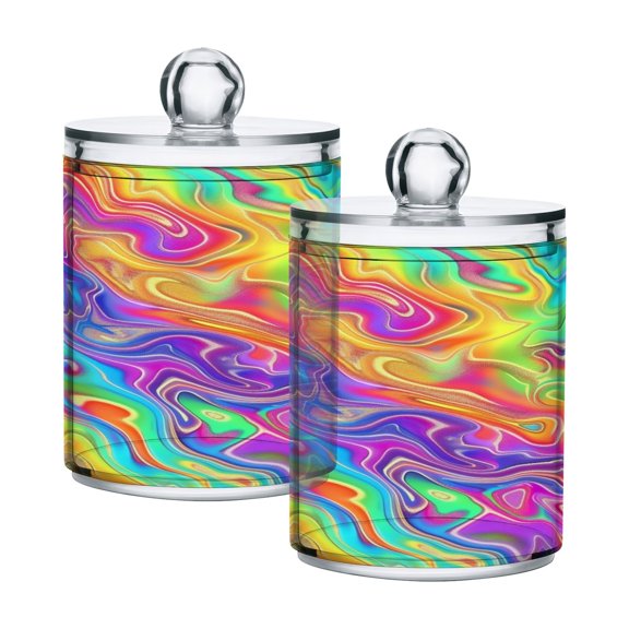 2 Pack Qtip Holder Dispenser Rainbow Tie-dye Clear Plastic Storage Apothecary Jars for Cotton Swabs Balls Pads Floss