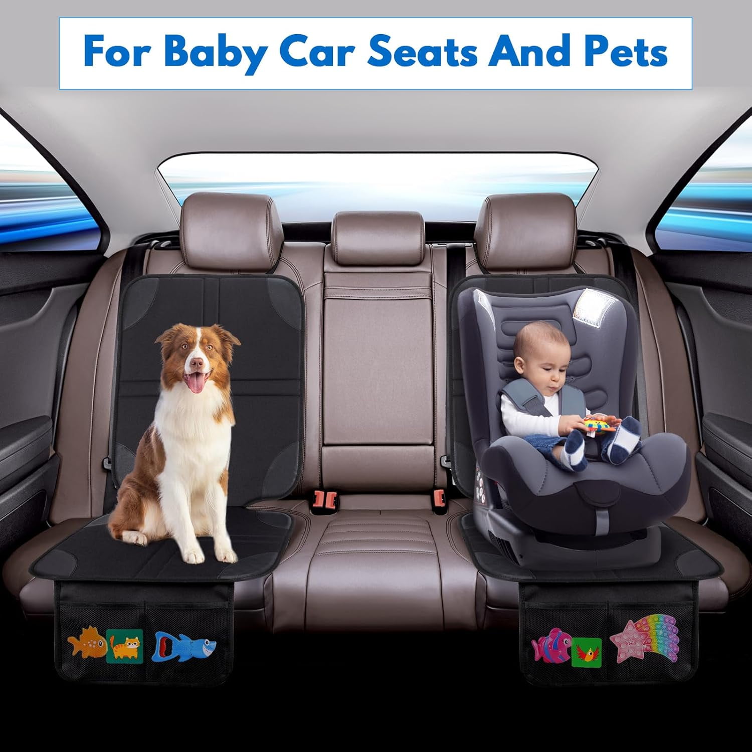 Car seat Protector, 2Pack Car Seat Protectors for Child car seat - Large Particle Silica Gel Non-Slip Base Material + Waterproof 600D Fabric + 2 Storage Pockets