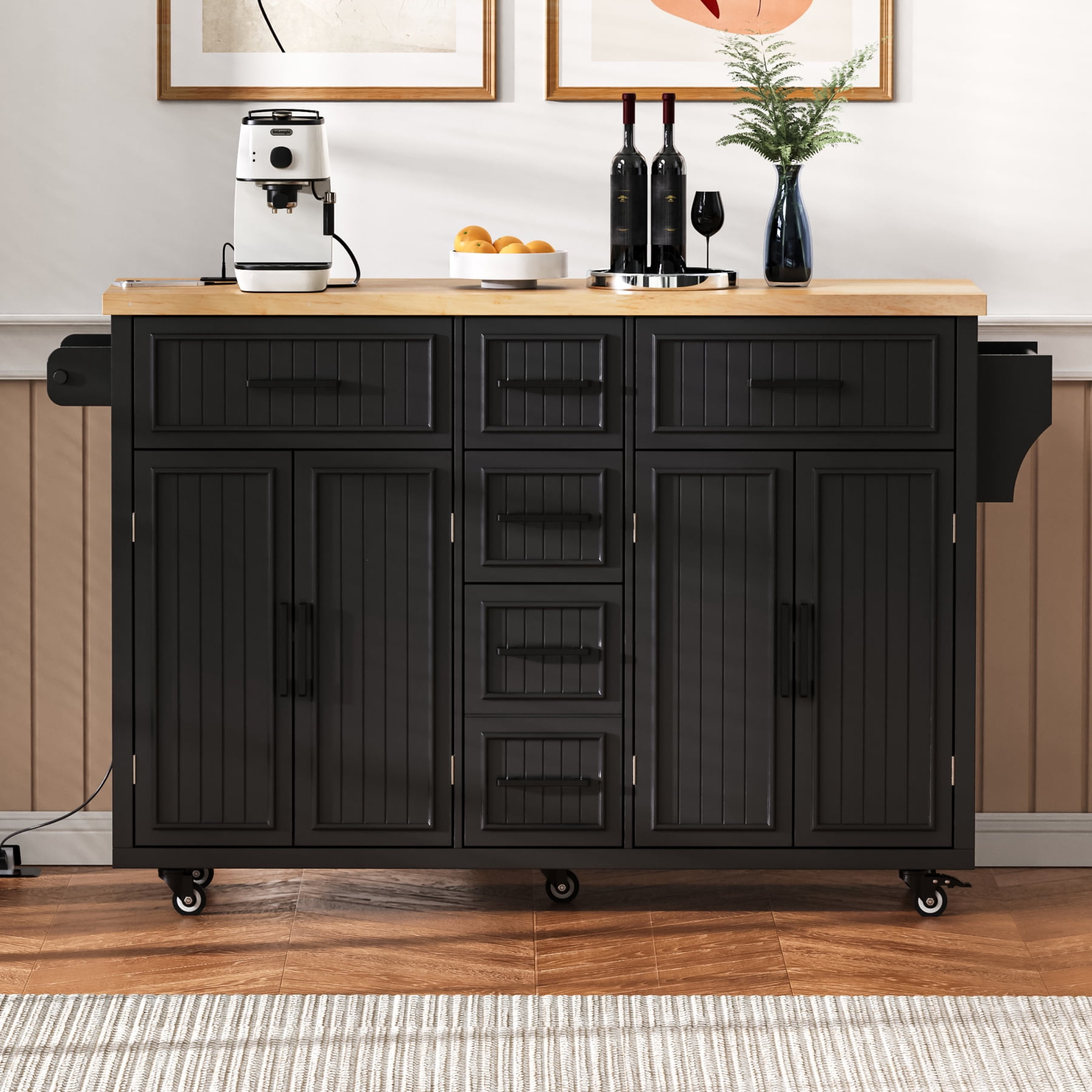 Harper & Bright Designs Kitchen Island with Drop Leaf, Rolling Kitchen Cart on Wheels with Doors, Drawers and Power Outlet for Dining Room, Black