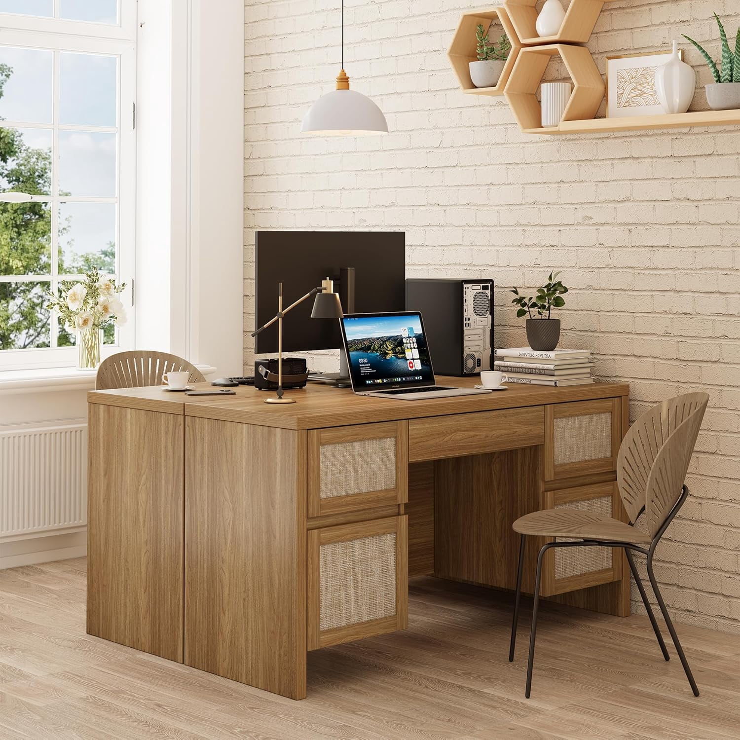 XIAO WEI 57" Rattan Desk with 5 Drawers & Charging Station, Walnut Brown