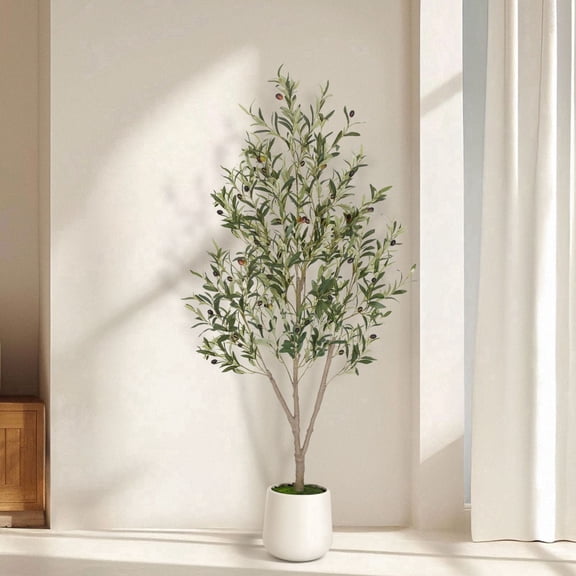 Romswi Artificial Olive Tree 5 FT, with White Pot, Olive Faux Trees Realistic Leaves Silk Tree for Home Office Indoor Outdoor Decor