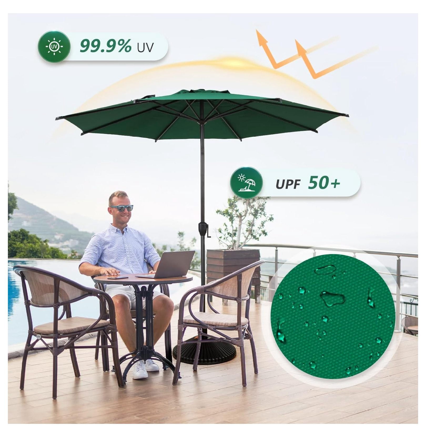 9FT Lyon Outdoor Patio Umbrella Outdoor Table Umbrella with Push Button Tilt and Crank Market Umbrella 8 Sturdy Ribs UV Protection Waterproof for Garden Deck Backyard Pool Dark Green