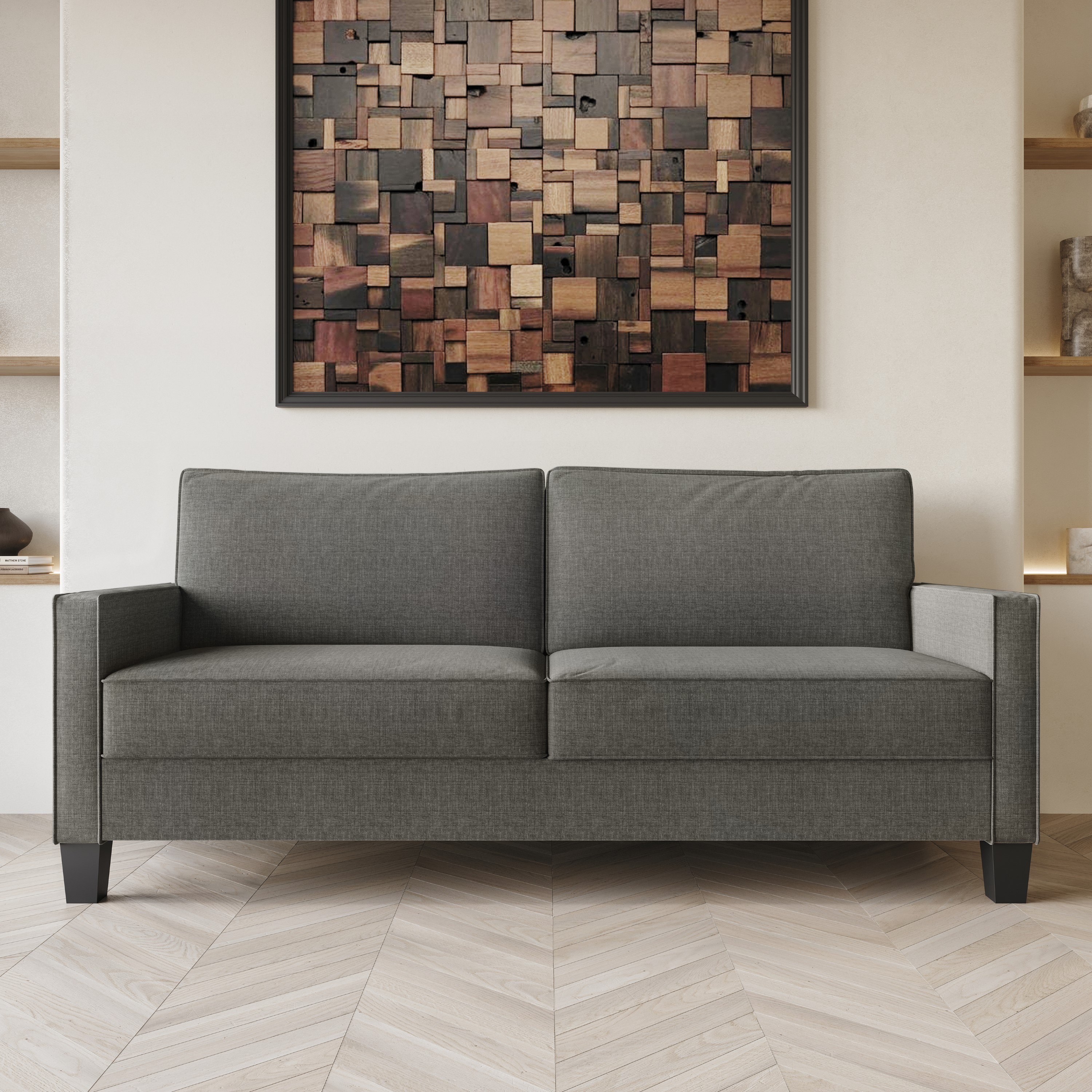 Home Design Marcia 3-Piece Square Arm Living Room Set with Armchair, Loveseat, and Sofa, Modern Upholstery and Black Legs, Gray