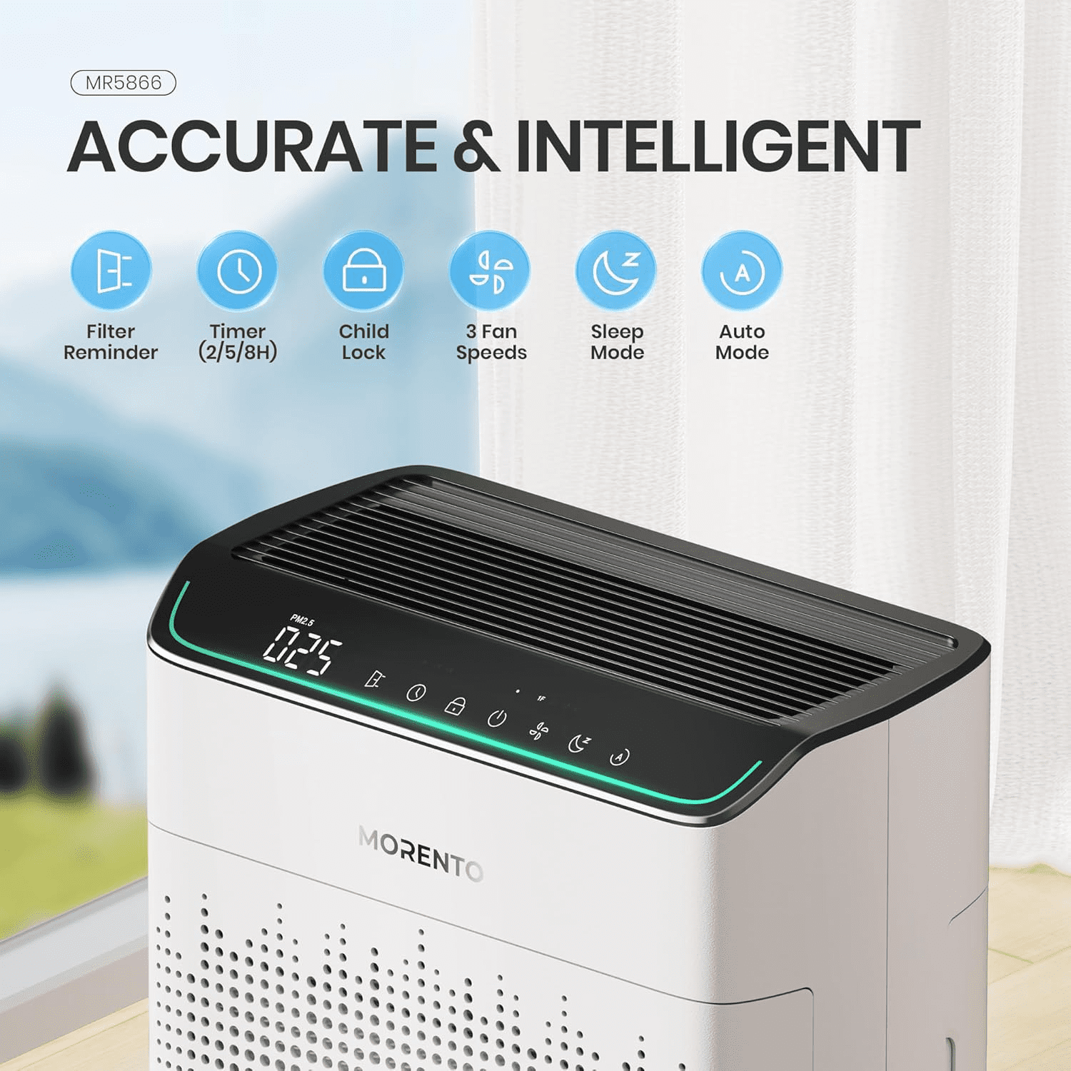MORENTO Smart Air Purifier for Home Bedroom Large Room Up to 1290 Sqft, Wi-Fi and Alexa compatible, Double-sided HEPA Filter Air Cleaner for Smoke, Dust, Pollen, Pet Hair, Odor, White