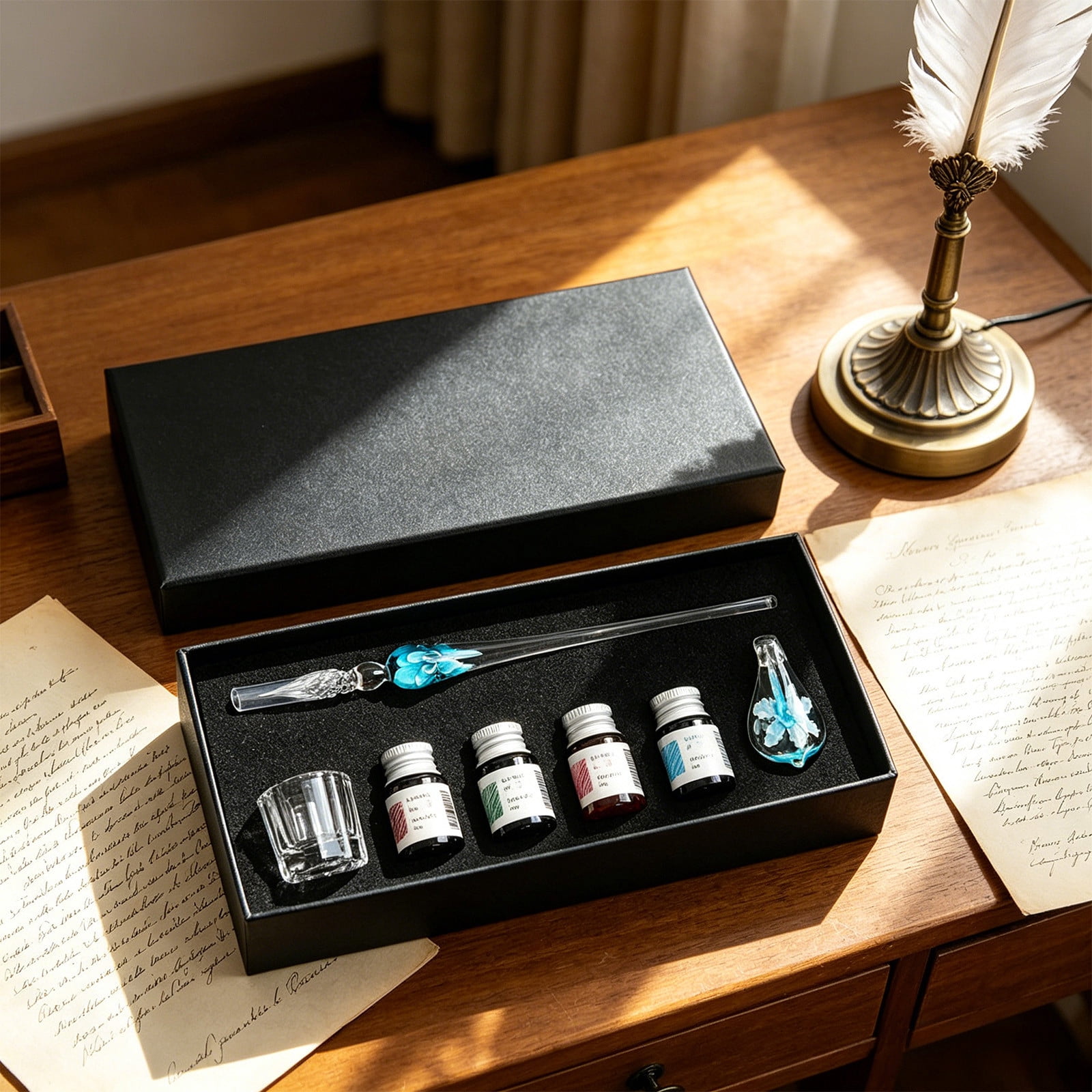 Xheghe Crystal Glass Pen Set with Ink Bottles, Brush Washing Cup & Pen Rack - Ideal Gift for Writers and Professionals
