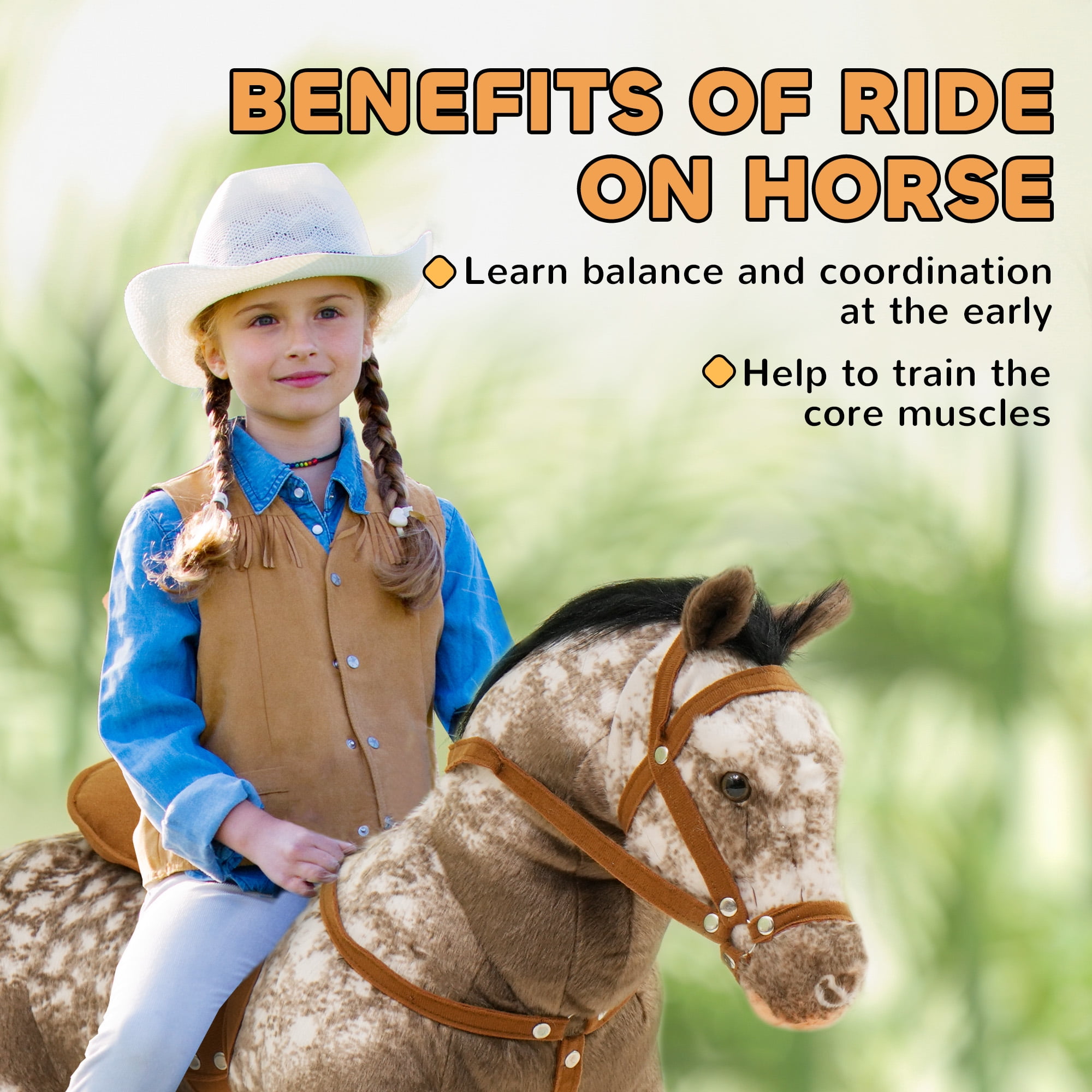 Qaba Ride on Horse, Riding Horse with Neighing Sound, Saddle, Ride on Animal for Kids Boys Girls 3-8 Years Old, Brown